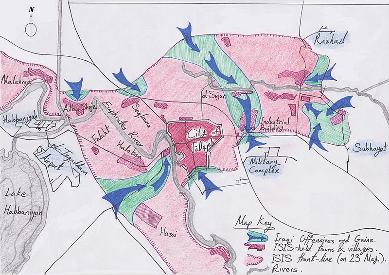 Operaciones militares en Faluya (22 y 23/5/2016). Mapa: Parsa 1993 v&iacute;a Wikimedia Commons. Licencia Creative Commons Reconocimiento-CompartirIgual 4.0 Intrenacional. 