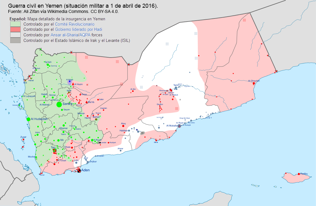 Guerra civil en Yemen. Situación militar a 1 de abril de 2016. Fuente: Ali Zifan vía Wikimedia Commons. Licencia Creative Commons Reconocimiento-CompartirIgual.
