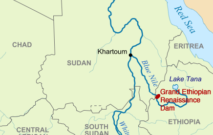 Proyecto de construcción de la Grand Ethiopian Renaissance Dam (GERD) . Mapa: Wikimedia Commons / Yale Environment 360.