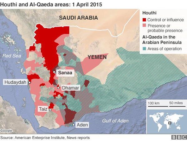 (Áreas de influencia del movimiento Huthi. Abril de 2015. Fuente: BBC.com News)